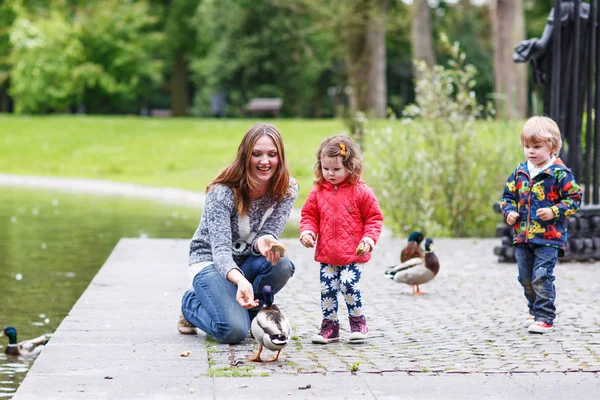 Mother and her children feeding ducks at summer — Stock Photo, Image