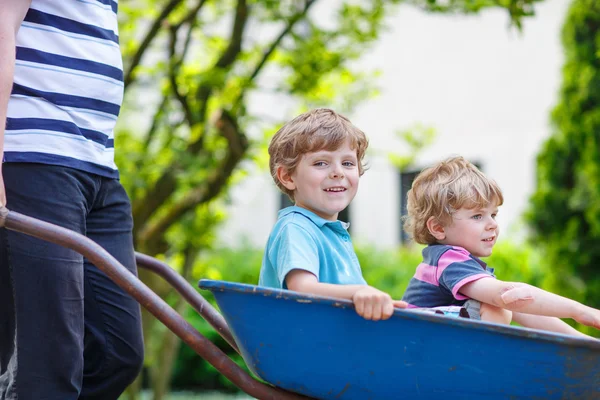 Dos niños pequeños divirtiéndose en una carretilla empujando por padre en — Foto de Stock