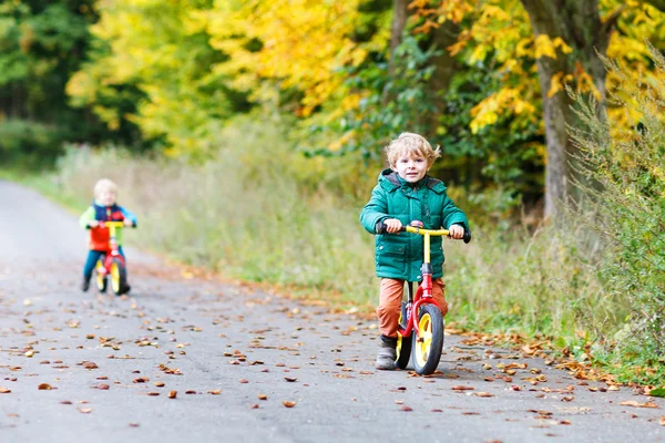 Active twin boys driving on bikes in autumn forest — Stock Photo, Image