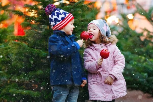 Dvě malé usměvavé děti, školák a holka jedí sladké sladké jablko na německém vánočním trhu. Šťastní sourozenci děti se světly na pozadí a vánočními stromky. Rodinný vtipný bratr a sestra. — Stock fotografie