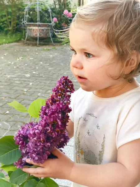 Retrato de una niña pequeña sosteniendo flores liliacas florecientes. Adorable bebé al aire libre en el cálido día de primavera. —  Fotos de Stock