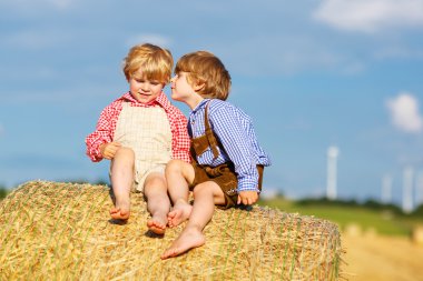 iki küçük kardeş çocukları ve saman yığını üzerinde oturan arkadaşlar 
