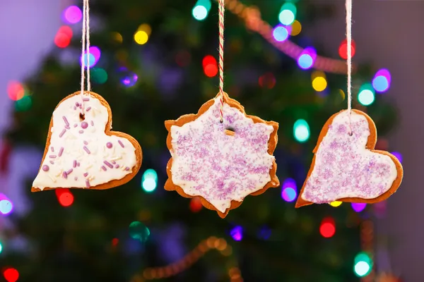 Biscuits au pain d'épice suspendus avec arbre de Noël sur le fond . — Photo