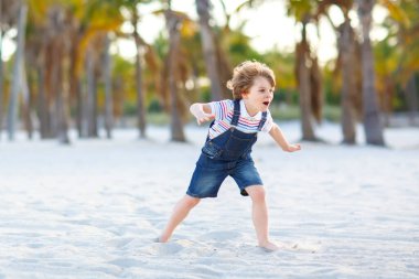Miami sahilinde eğlenen sevimli, aktif bir çocuk, Key Biscayne. Mutlu şirin çocuk rahatlıyor, kumla oynuyor ve palmiyelerin ve okyanusun yanında güneşli bir günün tadını çıkarıyor.