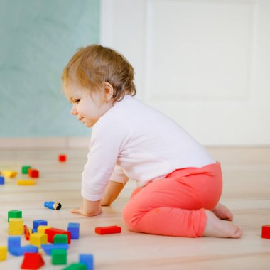 Eğitici oyuncaklarla oynayan tatlı bir kız bebek. Mutlu sağlıklı çocuk evde ya da çocuk odasında renkli tahta bloklarla eğleniyor. Bebek sürünüyor, arkadan bakıyor, yüzü yok, tanınmaz halde.