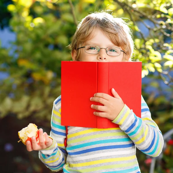 Piccolo bambino felice in età prescolare con occhiali, libri, mela e zaino il suo primo giorno di scuola o asilo nido. Bambino sano divertente all'aperto nella calda giornata di sole, torna al concetto di scuola. Ragazzo ridente. — Foto Stock