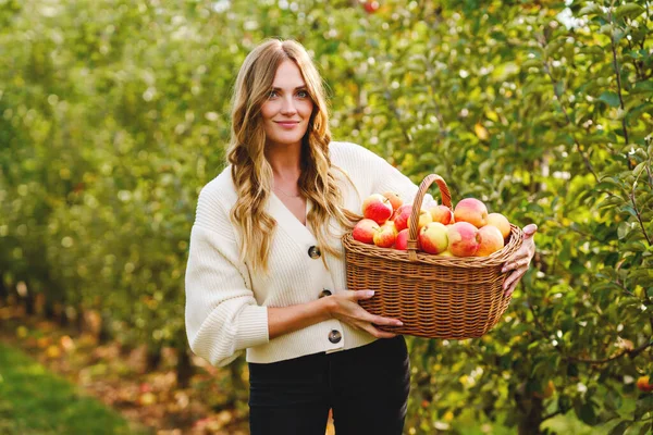 Mutlu liseli kız ve organik meyve bahçesinde kırmızı elmaları olan güzel bir anne. Mutlu kadın ve küçük kız ağaçlardan meyve topluyor ve bahçede eğleniyorlar. Aile için hasat mevsimi. — Stok fotoğraf