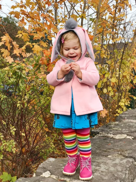 Schattig schattig peutermeisje wandelend in een park op herfstdag. Gelukkig kind heeft plezier buiten. Najaarsactiviteiten met kinderen. Een wandeling maken met familie. — Stockfoto