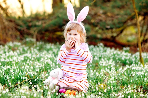 一个小女孩，带着复活节兔子的耳朵，在阳光明媚的春天的森林里打猎。可爱的孩子，有很多雪花，吃着巨大的巧克力蛋和彩蛋. — 图库照片