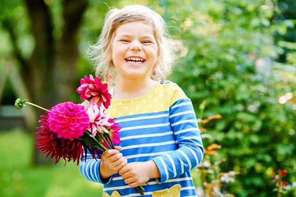 Μικρό κορίτσι προσχολικής ηλικίας με τεράστιο μπουκέτο από άνθη κόκκινης και ροζ ντάλια. Ευτυχισμένο παιδί που κρατάει λουλούδια στα χέρια του. Προσχολικός με παιώνιες για τη μητέρα ή τα γενέθλια. Παιδιά κηπουρικής. — Φωτογραφία Αρχείου