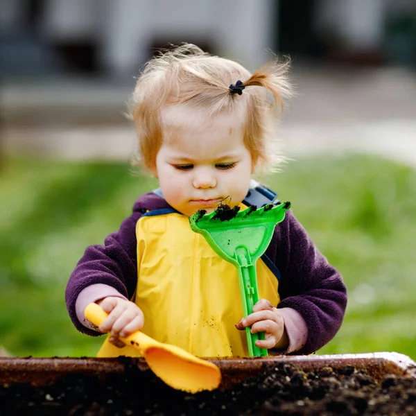 Cute adorable toddler girl playing with sand and shovel on spring day. Baby child wearing yellow boots and mud rain puddle pants. Happy girl planting vegetables in spring. — Stock Photo, Image