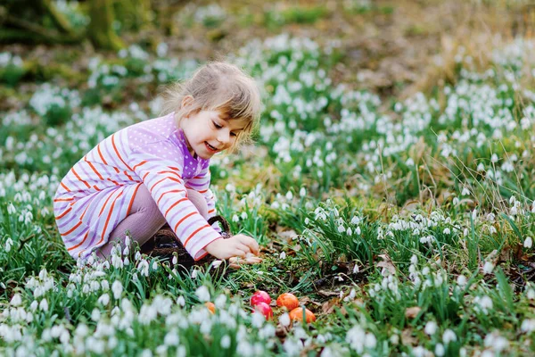 Dziewczynka w różowej sukience polująca na jajka w wiosennym lesie w słoneczny dzień, na świeżym powietrzu. Cute szczęśliwy dzieciak z dużą ilością kwiatów śniegu i kolorowych jaj. Wiosna, chrześcijańskie święto koncepcja. — Zdjęcie stockowe