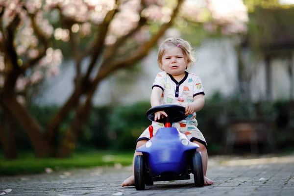 Söt liten flicka leker med blå liten leksaksbil i trädgården av hem eller plantskola. Upprörd gråt småbarn utomhus. — Stockfoto