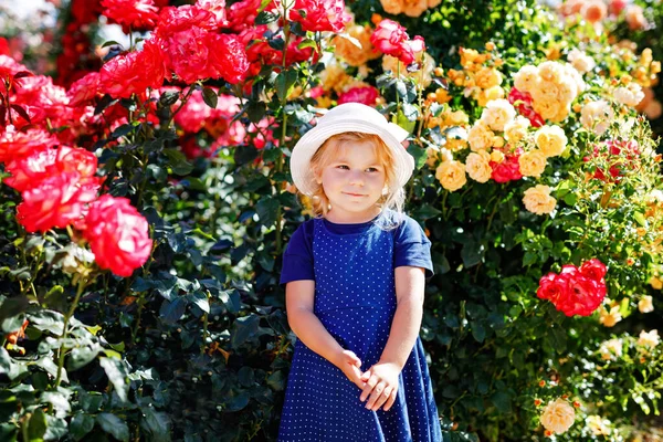 Portrait de petite fille tout-petit en pleine floraison roseraie. Jolie belle belle enfant s'amusant avec des roses et des fleurs dans un parc par une journée ensoleillée d'été. Bébé souriant heureux. — Photo