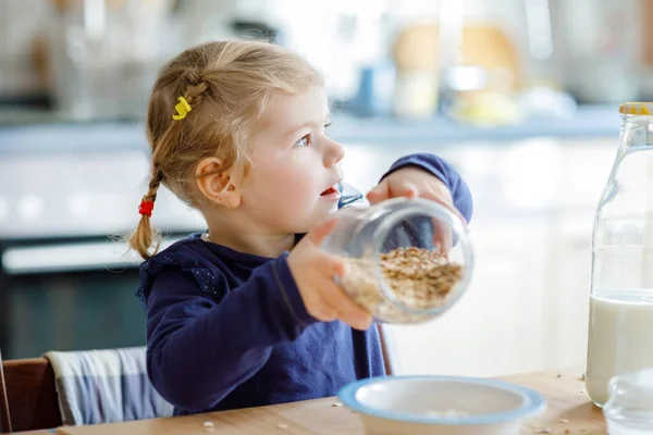 Schattig peutermeisje dat gezonde havermout eet met melk als ontbijt. Schattig gelukkig baby kind in kleurrijke kleren zitten in de keuken en plezier hebben met het bereiden van haver, granen. Binnenshuis thuis — Stockfoto