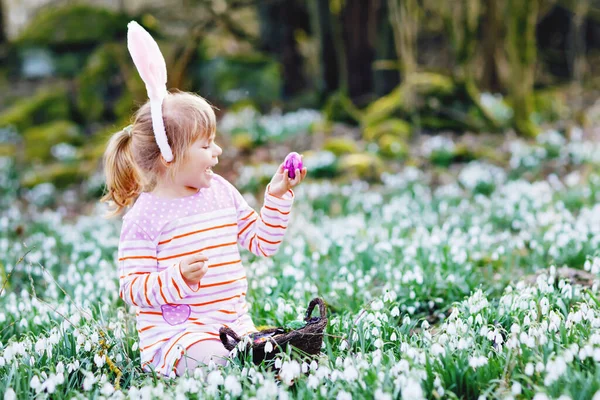 Niña con orejas de conejo de Pascua haciendo caza de huevos en el bosque de primavera en un día soleado, al aire libre. Lindo niño feliz con un montón de flores de nieve y huevos de colores. Primavera, concepto de vacaciones cristianas. —  Fotos de Stock