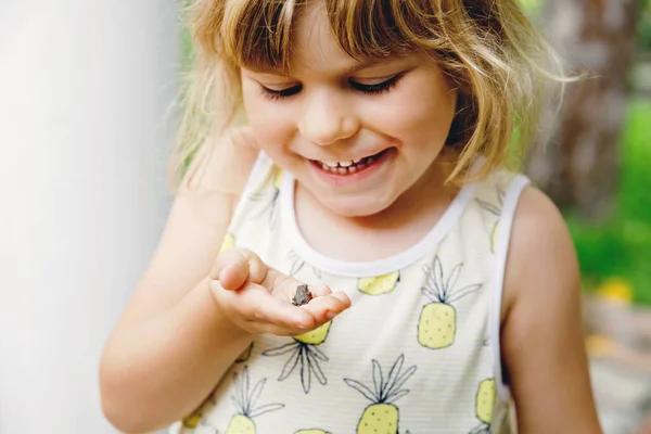 어린 미취학 소녀가 작은 야생 개구리를 들고 있습니다. 자연에서 동물을 관찰하고 탐험하는 행복 한 호기심많은 아이. — 스톡 사진