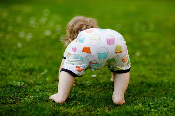 Söt söt liten flicka krypa och göra första steg utomhus. Friska glada småbarn lära sig gå. Härlig flicka njuta våren trädgård utforska världen. — Stockfoto