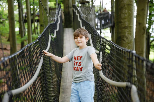 Preteen kid boy walking on high tree-canopy trail with wooden walkway and ropeways on Hoherodskopf in Germany. Happy active young child exploring treetop path. Funny activity for families outdoors — Stock Photo, Image