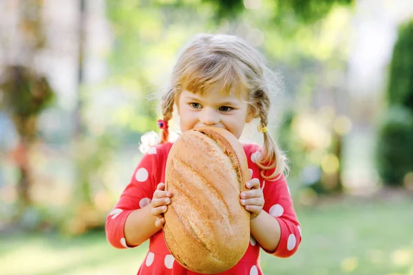 Petite fille tout-petit tenant un gros pain. Drôle enfant heureux mordre et manger du pain sain, à l'extérieur. Enfant affamé. — Photo