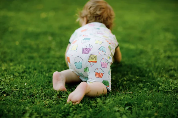 Cute adorable baby girl crawl and make first steps outdoors. Healthy happy toddler child learning walking. Lovely girl enjoy spring garden explore world. — Stock Photo, Image