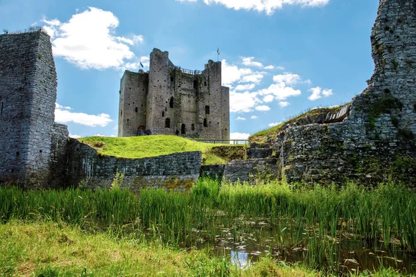 A panorámás kilátás nyílik Trim kastély Megyei Meath a folyó Boyne, Írország. Ez Írország legnagyobb angol-normann kastélya. — Stock Fotó