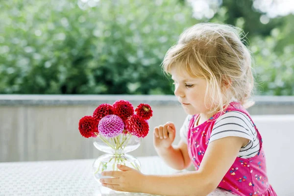 Porträt eines kleinen Mädchens, das einen Strauß blühender roter und rosafarbener Dahlienblüten bewundert. Nettes glückliches Kind riecht und zählt Blume an sonnigem Sommertag. — Stockfoto