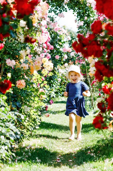 Retrato de una niña pequeña en florecimiento jardín de rosas. Lindo hermoso niño encantador que se divierte con rosas y flores en un parque en el día soleado de verano. Feliz bebé sonriente. —  Fotos de Stock