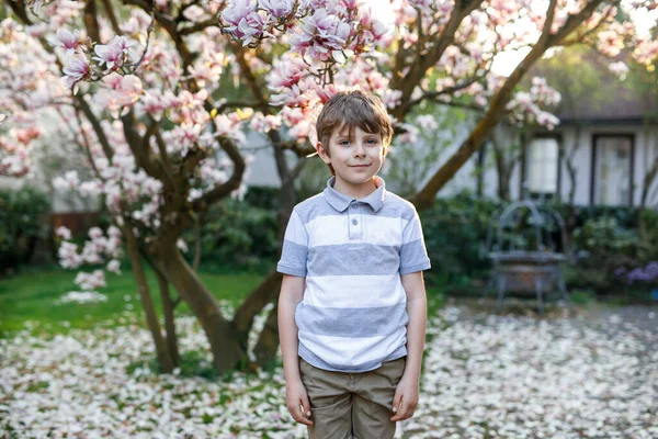 Adorable blonde kid boy portrait in blooming cherry or magnolia garden, walking outdoor. Happy smiling school child. — Stock Photo, Image