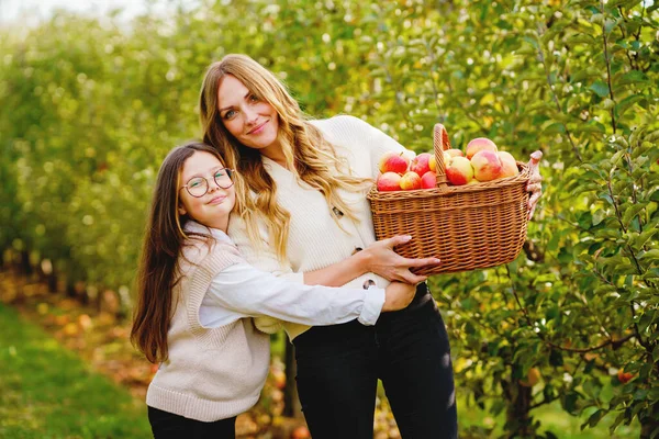 Happy school girl and beautiful mother with red apples in organic orchard. Happy woman and kid daughter picking ripe fruits from trees and having fun in garden. Harvest season for family. — Stock Photo, Image