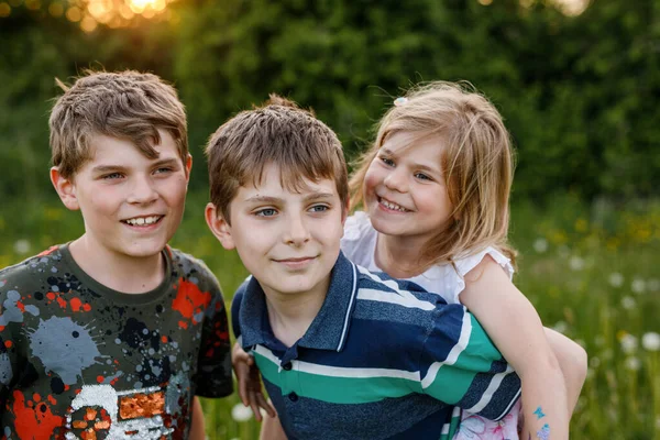 Portrait of three siblings children. Two kids brothers boys and little cute toddler sister girl having fun together on flowers meadow. Happy healthy family playing, walking, active leisure on nature — Stock Photo, Image