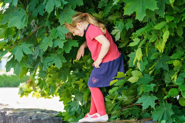 Portrait Happy Smiling Toddler Girl Red Clothes Outdoors Little Child — Stock Photo, Image