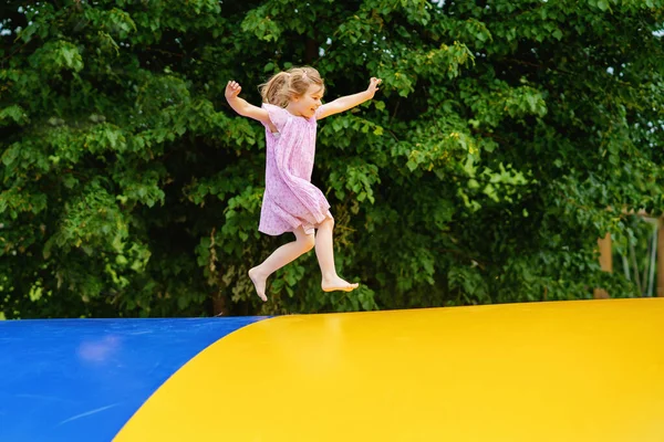 Little Preschool Girl Jumping Trampoline Happy Funny Toddler Child Having — Stock Photo, Image