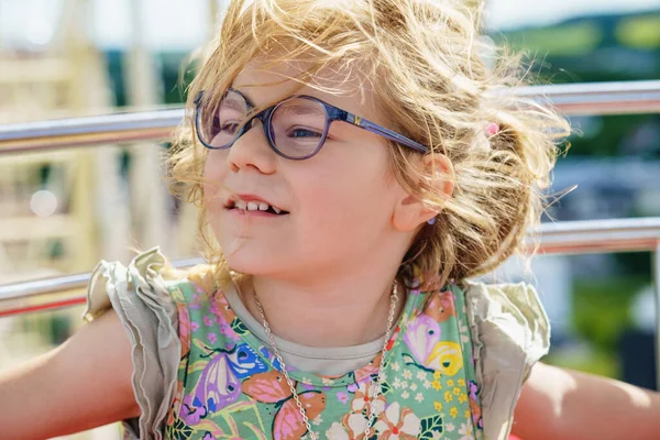 Portrait Cute Preschool Girl Eye Glasses Outdoors Happy Funny Child — Stock Photo, Image