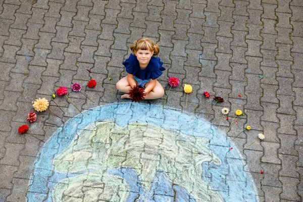 Little Preschool Girl Flowers Earth Globe Painting Colorful Chalks Ground — Stock Photo, Image