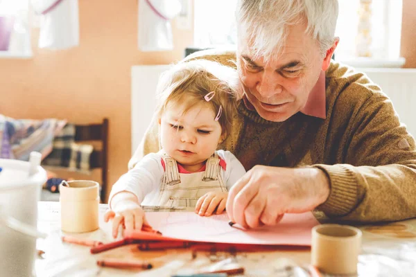Cute Little Baby Toddler Girl Handsome Senior Grandfather Painting Colorful — Stock Photo, Image