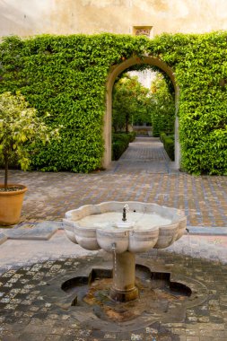 Endülüs 'te yaz mevsiminde Alcazar Seville Sarayı' nın içindeki güzel resmi halk bahçesi.