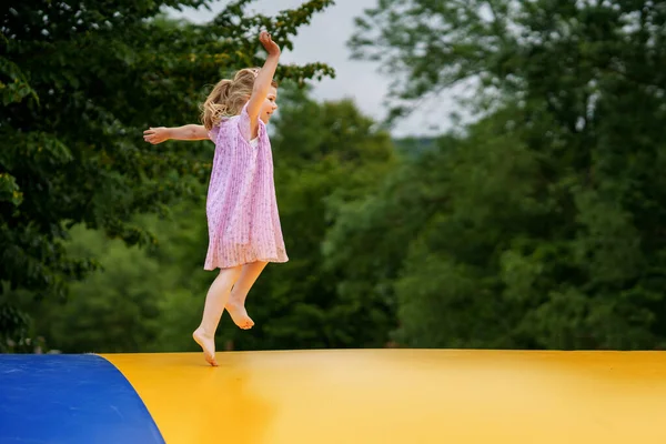 Little Preschool Girl Jumping Trampoline Happy Funny Toddler Child Having — Stock Photo, Image