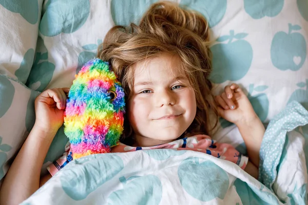 Cute Little Toddler Girl Sleeping Bed Favourite Soft Plush Stuffed — Stock Photo, Image