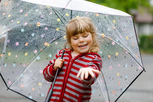 Little Toddler Girl Playing Big Umbrella Rainy Day Happy Positive — Stock Photo, Image