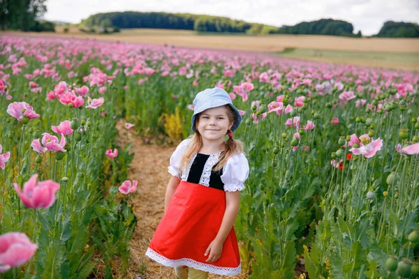 Little Preschool Girl Poppy Field Cute Happy Child Red Riding — Stock fotografie