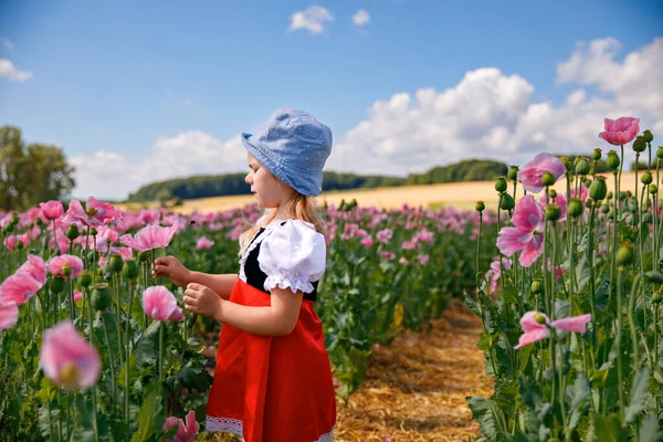 Little Preschool Girl Poppy Field Cute Happy Child Red Riding — Stockfoto