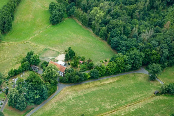 Landscape in Germany in summer from above. Top view. Nature, forests, field