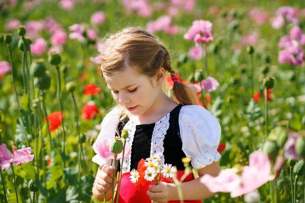 Little Preschool Girl Poppy Field Cute Happy Child Red Riding — Stock Photo, Image