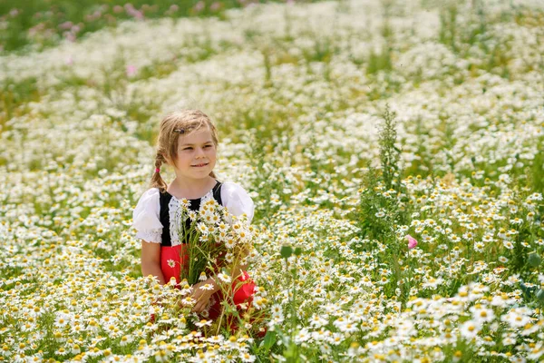 Little Preschool Girl Daisy Flower Field Cute Happy Child Red — Photo