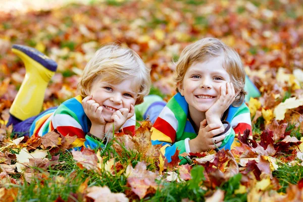 两个双胞胎小孩躺在秋天的树叶里 穿着五颜六色的时髦衣服 在温暖的日子里 快乐的兄弟姐妹们在秋天的公园里玩得开心 蓝眼睛 枫叶的健康儿童 — 图库照片