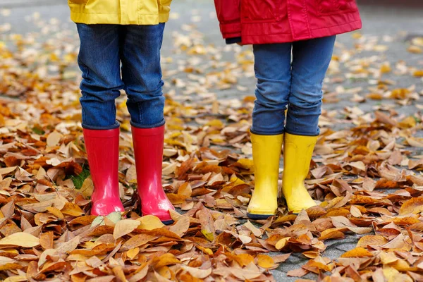 Twee Kindertjes Spelen Rode Gele Rubberen Laarzen Herfst Park Kleurrijke — Stockfoto