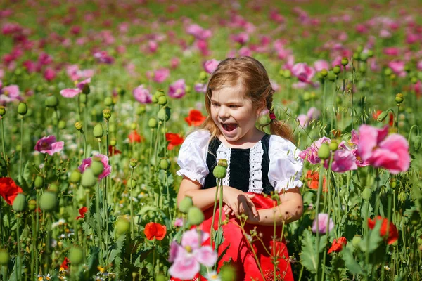 Little Preschool Girl Poppy Field Cute Happy Child Red Riding — ストック写真