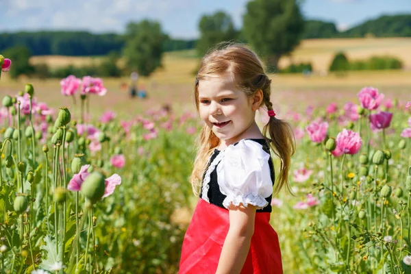 Little Preschool Girl Poppy Field Cute Happy Child Red Riding — Fotografia de Stock