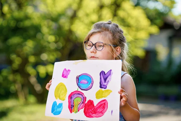 Little Preschool Girl Holding Picture Painted Colorful Water Colors Happy — 图库照片